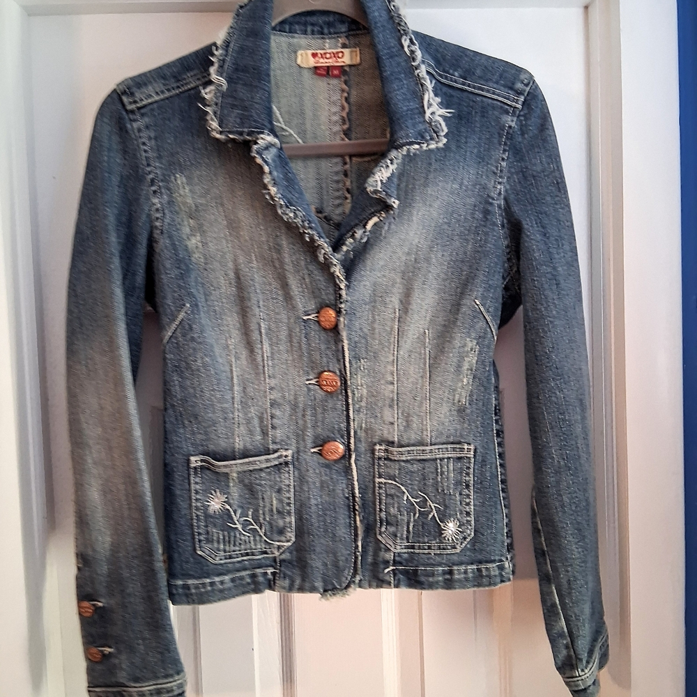XOXO Blue Cropped Jean Jacket Distressed